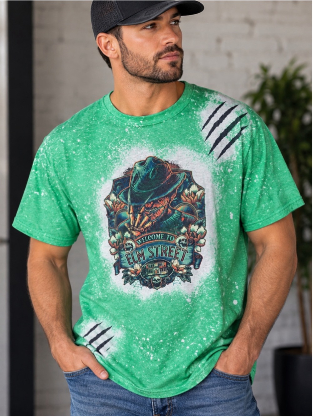 A Nightmare on Elm Street Freddy Krueger Green Bleach Splatter Graphic T-Shirt